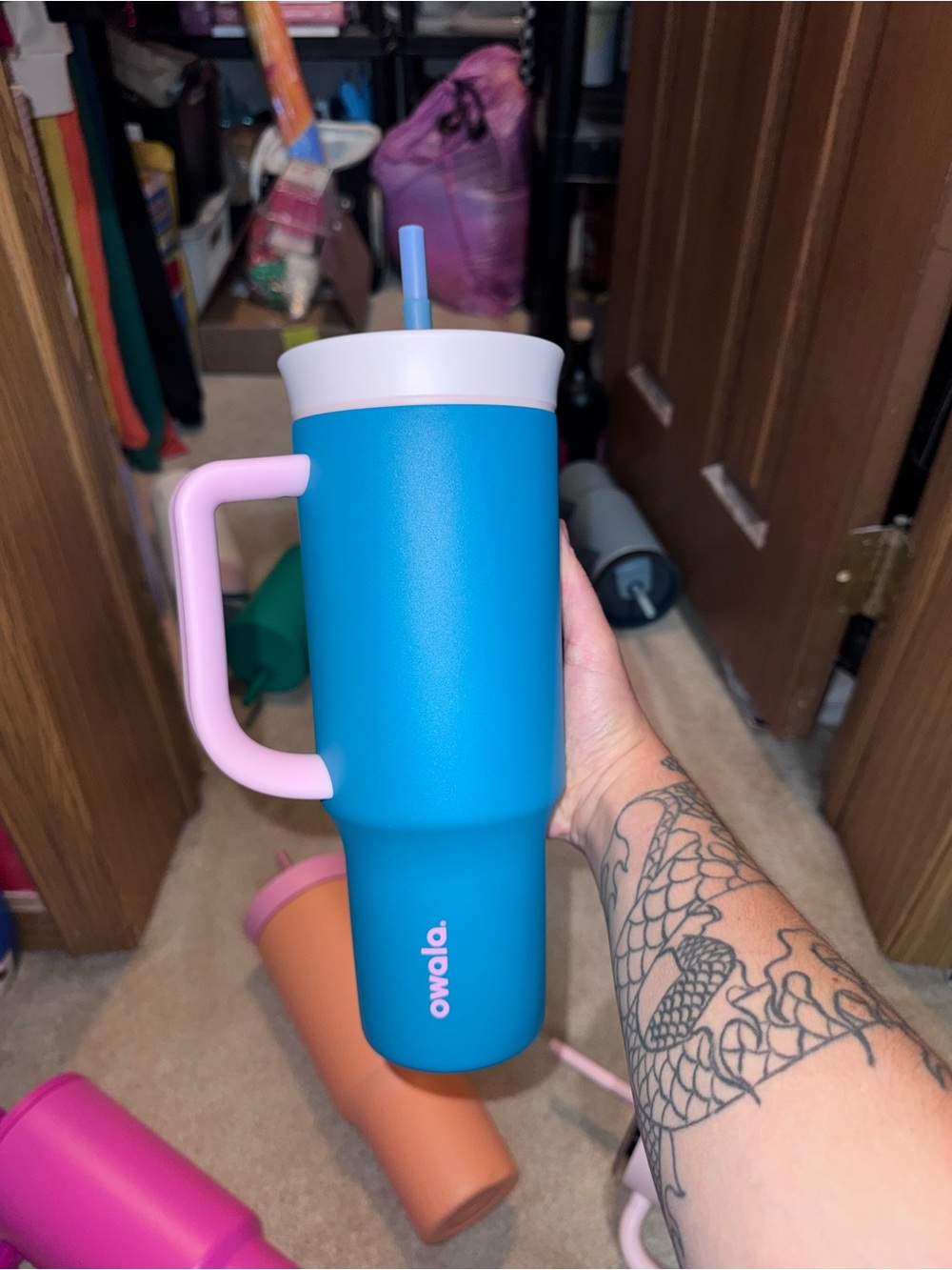 Owla Blue & Pink Insulated Travel Mug with Handle